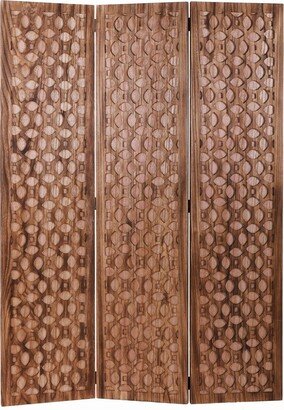 3 Panel Transitional Wooden Screen with Leaf Like Carvings - 67 H x 2 W x 47 L Inches