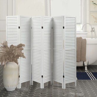 Kahomvis White 6-Panel Sycamore Wood Folding Louvered Room Divider Screen