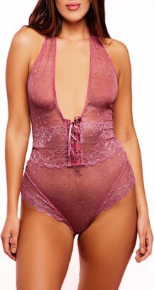 Women's Halter One Piece Plus Size Floral Dotted Mesh Teddy Lingerie with Velvet Lace Up