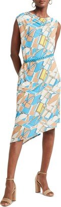 H Halston Women's Printed Chain-Belt Asymmetrical Sleeveless Dress