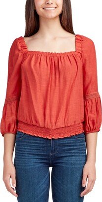 Juniors' Square-Neck Smocked-Hem Crochet-Trim Top