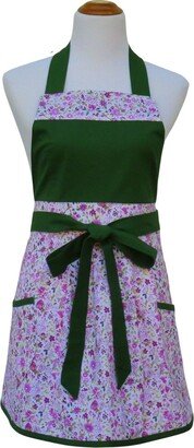 Women's Pretty Green & Pink Floral Apron With Pleated Front & Optional Personalization