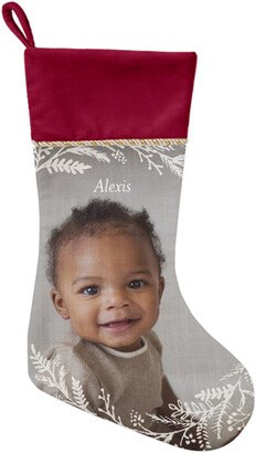 Christmas Stockings: Foliage Overlay Christmas Stocking, Red, White