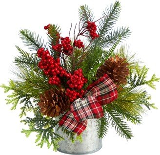 Holiday Winter Pinecones, Berries, Greenery and Plaid Bow Artificial Christmas Table Arrangement, 12