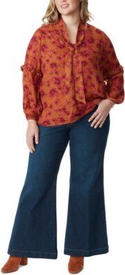 Trendy Plus Size Printed Tie Neck Top True Love Trouser Wide Leg Jeans