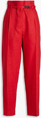 Belted pleated linen-blend tapered pants