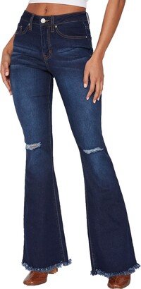 Womens Jeans High-Rise Flare Jean with Frayed Hem - Long Inseam