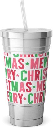 Travel Mugs: Merry Christmas Uppercase - Green, Pink, Red Stainless Tumbler With Straw, 18Oz, Multicolor