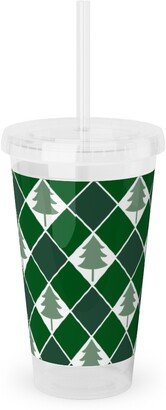 Travel Mugs: Christmas Tree Checkers - Green Acrylic Tumbler With Straw, 16Oz, Green