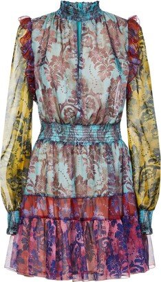 Baroque-Pattern Printed Flared Mini Dress