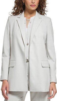 Petite Windowpane-Print Open-Front Blazer