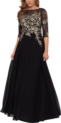 Petite Floral-Embroidered Mesh Gown - Black/Gold