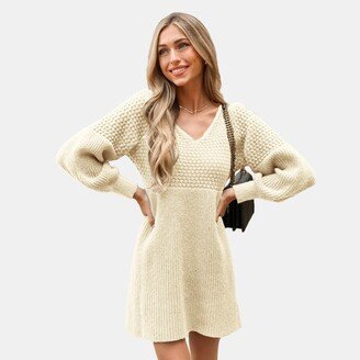 Women' Honeycomb Knit V-Neck Mini Sweater Dre - Cuphe-S-Beige