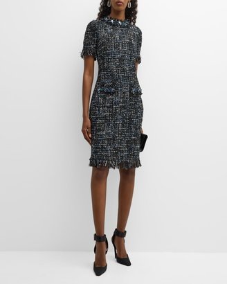 Fringe-Trim Beaded Tweed Midi Dress