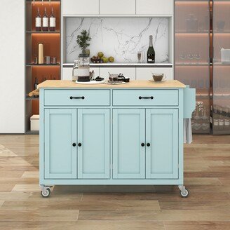 Kitchen Island Cart with 4 Door Cabinet and Two Drawers and 2 Locking Wheels - Adjustable Shelves, Spice & Towel Rack