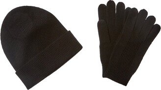 2Pc Ribbed Cashmere Hat & Glove Set-AE