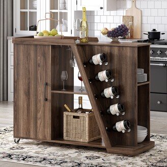 EDWINRAY Kitchen Island Cart with Adjustable Shelf and 5 Wine Holders, Rustic Modern Furniture with One Door & Four Open Storages