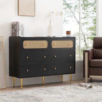 TOSWIN Retro Rattan 6-Drawer Dresser, Child-Friendly Design, Stable Construction