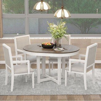 5 PCS Round Extendable Dining Table Set with Butterfly Leaf and 4 Upholstered Dining Armchairs, White