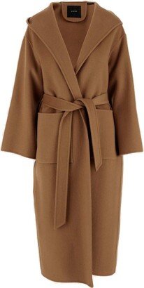 Shawl-Lapel Hooded Belted Coat