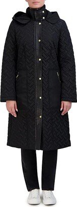 Quilt Hooded Long Coat with Belt (Black) Women's Jacket