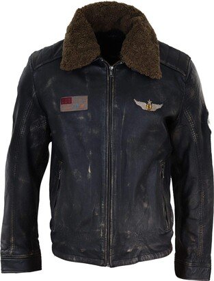 Infinity Leather Mens Vintage Black Brown Zip Flying Aviator Jacket Fur Collar Badge Pilot Retro - Black Brown S