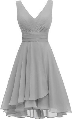 FHMRV Women's Double V Neck Ruched Waist A-Line Bridesmaid Dress Short Chiffon Formal Party Evening Dresses for Teens (Color : Silver