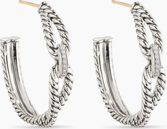 Cable Loop Hoop Earrings in Sterling Silver with Pav