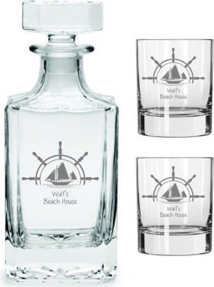 Beach House Boat Whiskey Decanter Glassware Gift Set Free Personalization