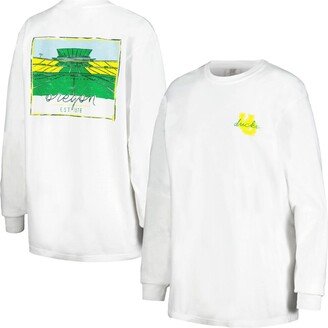 Women's White Distressed Oregon Ducks Hand-Drawn Stadium Oversized Long Sleeve T-shirt