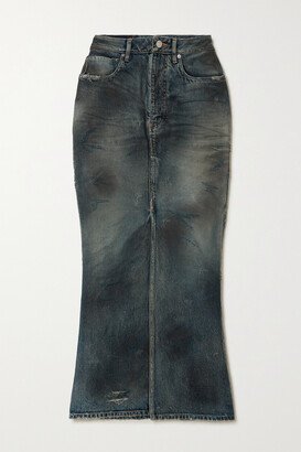 Distressed Denim Maxi Skirt - Blue