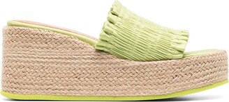 Green Smocked Espadrille Wedge Sandals