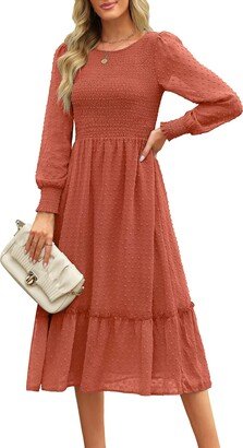 Maggeer Midi Dresses for Women 2023 Fall Wedding Guest Modest Petite Homecoming Maternity Bridal Shower Swiss Dot Long Sleeve Dress Dusty Orange S