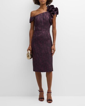 One-Shoulder Metallic Jacquard Sheath Dress