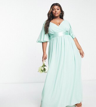 TFNC Plus Bridesmaid kimono sleeve pleated maxi dress with angel sleeve in fresh sage