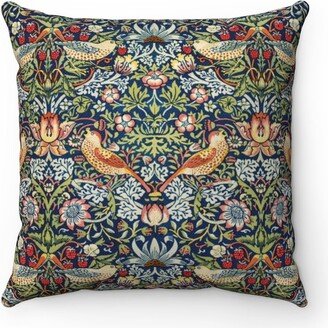 William Morris Pillow, Strawberry Thief Dark Blue Background Ocean Blue, Olive Green, Mauve Hues