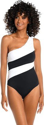 Island Goddess Shirred Color-Block One Shoulder Mio (Black) Women's Swimwear