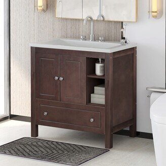 IGEMAN Modern Ceramic Sink and Drawers Storage Cabinet Bathroom Vanity, Brown