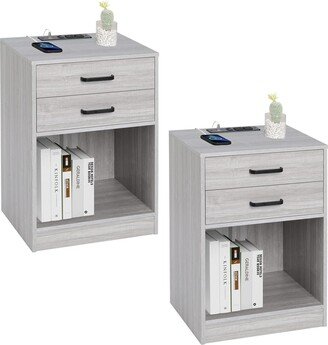 EPOWP Nightstands Set of 2,Grey Nightstand with Charging Station & Drawers,Night Stands for Bedrooms Set of 2