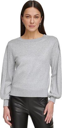 Long Sleeve Crew Neck Mini Sequin Sweater (Steel Grey Heather) Women's Clothing