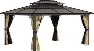 11x15 Hardtop Gazebo with Aluminum Frame, Polycarbonate Gazebo Canopy with Ceiling Hooks, Curtains and Netting, Beige