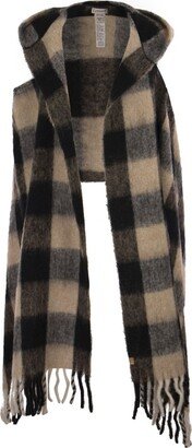 Checked Fringed Knit Cape Scarf