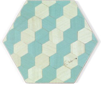 E. Inder Designs Six Coasters In Scandinavian Style Hexagonal Design. Light Blues. Heat Resistant Melamine. Tied With Ribbon For Gifting.