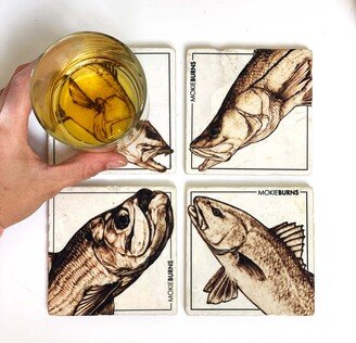 Inshore Slam Coasters - Tumbled Stone Coasters [Set Of 4] | Fishing Gifts For Men For Dad Inshore Gift Tarpon