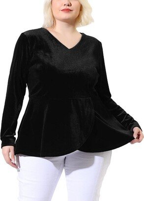 Agnes Orinda Agne Orinda Women' Plu Size V Neck Tulip Hem Long Sleeve Peplum Velvet Bloue Black 4X