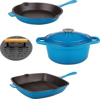 Neo Cast Iron Cookware 3 Quart Dutch Oven, Fry Pan, Grill Pan and Slotted Steak Press, Set of 4