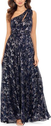 Women's One-Shoulder Metallic Gown - Navy/Gunmetal