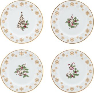 Holly Berry Gold Set of 4 Assorted Appetizer Plates, 6-1/4 - White, Red, Green