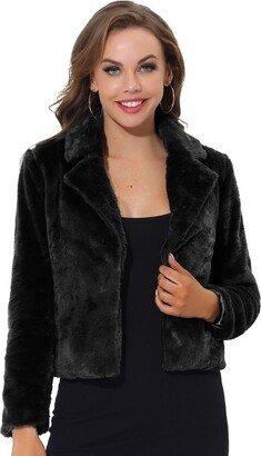 Allegra K Women' Autumn Winter Cropped Jacket Notch Lapel Faux Fur Fluffy Coat Black Large