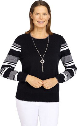 Womens Petite Striped Sleeve Sweater